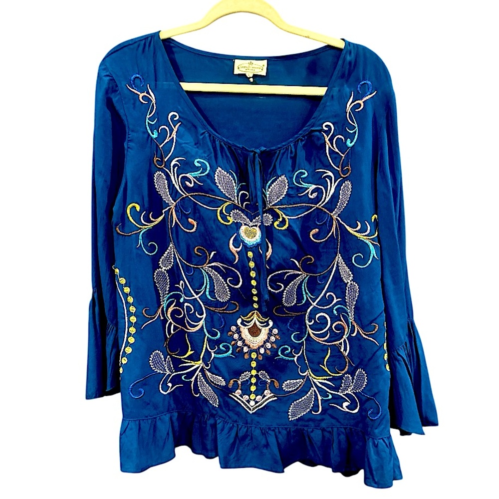 Grand & Greene Navy Blue Embroidered Ruffle Top Size Large